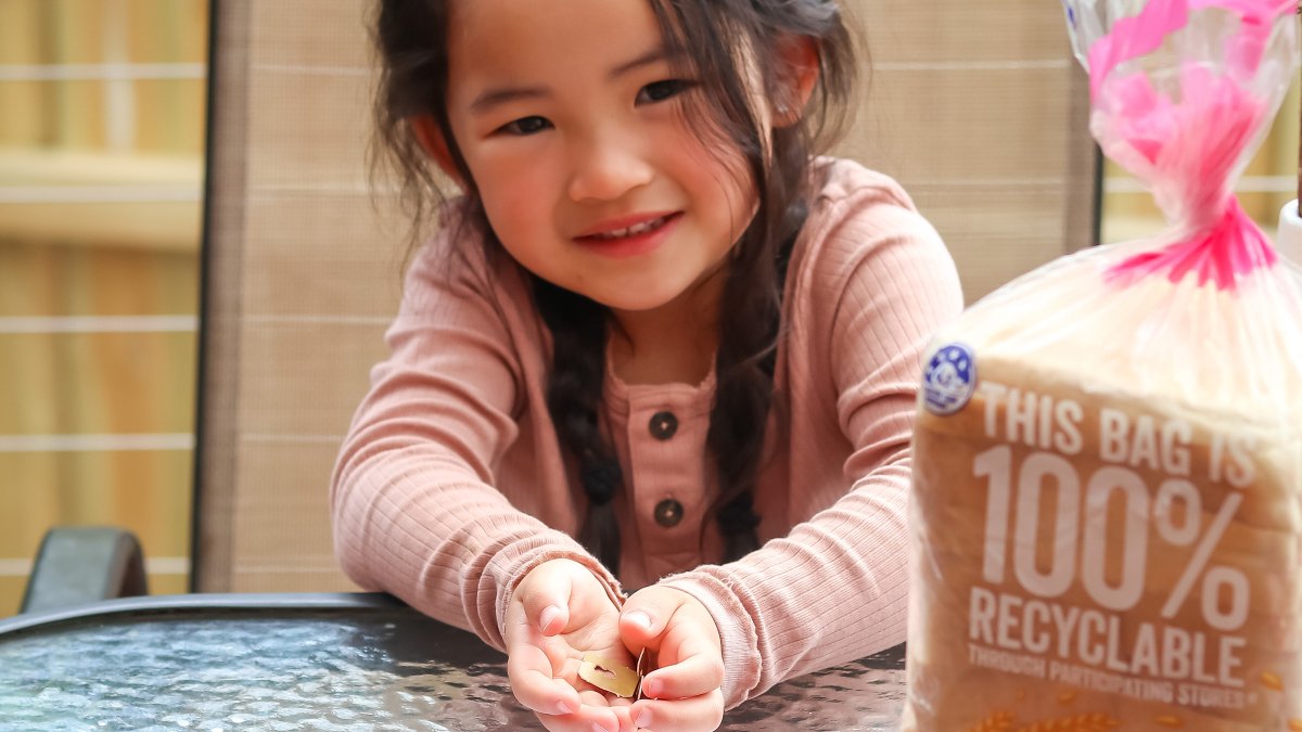 Young girl holding recyclable bread tags